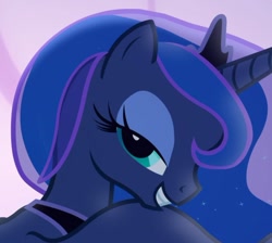 Size: 668x599 | Tagged: safe, screencap, character:princess luna, species:alicorn, species:pony, episode:to where and back again, g4, my little pony: friendship is magic, bedroom eyes, cropped, female, lidded eyes, looking at you, mare, smiling, solo