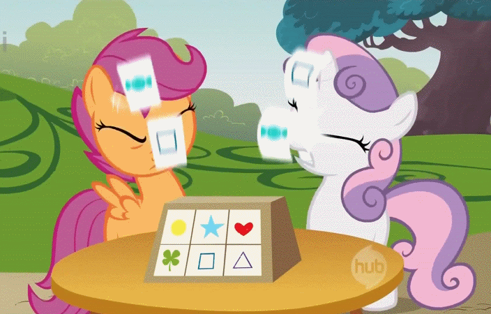 Size: 704x450 | Tagged: safe, screencap, character:scootaloo, character:sweetie belle, species:pegasus, species:pony, episode:the show stoppers, g4, my little pony: friendship is magic, animated, card, duo, ei, hub logo, psychic testing, sweetiebuse