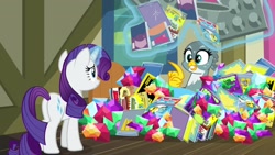 Size: 1920x1080 | Tagged: safe, screencap, character:gabby, character:rarity, species:griffon, species:pony, species:unicorn, episode:dragon dropped, g4, my little pony: friendship is magic, comic book, female, gem, magic, mare, quadrupedal
