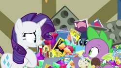 Size: 1920x1080 | Tagged: safe, screencap, character:gabby, character:rarity, character:spike, species:dragon, species:griffon, species:pony, species:unicorn, episode:dragon dropped, g4, my little pony: friendship is magic, comic book, female, food, gem, ice cream, mare, quadrupedal, winged spike