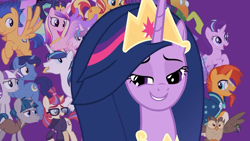 Size: 1280x720 | Tagged: safe, screencap, character:flash sentry, character:moondancer, character:night light, character:owlowiscious, character:princess cadance, character:princess celestia, character:princess flurry heart, character:princess luna, character:shining armor, character:starlight glimmer, character:stygian, character:sunburst, character:sunset shimmer, character:thorax, character:trixie, character:twilight sparkle, character:twilight sparkle (alicorn), character:twilight velvet, species:alicorn, species:changeling, species:owl, species:pegasus, species:pony, species:reformed changeling, species:unicorn, episode:the last problem, g4, my little pony: friendship is magic, leak, crown, female, jewelry, male, mare, mid-blink screencap, offscreen character, older, older twilight, princess twilight 2.0, regalia, smiling, sparkle family, stallion
