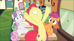 Size: 1566x882 | Tagged: safe, screencap, character:apple bloom, character:scootaloo, character:sweetie belle, species:earth pony, species:pegasus, species:pony, species:unicorn, episode:growing up is hard to do, g4, my little pony: friendship is magic, bipedal, bow, cropped, cute, cutie mark, cutie mark crusaders, female, friendship express, hair bow, hind legs, hooves in air, mare, nose in the air, older, older apple bloom, older cmc, older scootaloo, older sweetie belle, sitting, smiling, the cmc's cutie marks, trio focus, underhoof