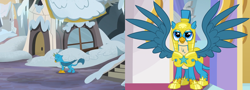 Size: 2000x720 | Tagged: safe, screencap, character:gallus, species:griffon, episode:the hearth's warming club, episode:the last problem, g4, my little pony: friendship is magic, armor, awesome, canterlot castle, comparison, crowning moment of awesome, cute, flashback, gallabetes, good end, griffonstone, helmet, homeless, male, royal guard, royal guard armor, royal guard gallus, solo, spread wings, sweet dreams fuel, wings