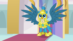 Size: 1920x1080 | Tagged: safe, screencap, character:gallus, species:griffon, episode:the last problem, g4, my little pony: friendship is magic, adult, armor, canterlot castle, good end, helmet, male, older gallus, royal guard, royal guard armor, royal guard gallus, smiling, soldier, solo, spread wings, wings