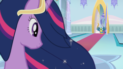 Size: 1920x1080 | Tagged: safe, screencap, character:gallus, character:twilight sparkle, character:twilight sparkle (alicorn), species:alicorn, species:griffon, species:pony, episode:the last problem, g4, my little pony: friendship is magic, leak, armor, canterlot castle, female, helmet, male, mare, princess twilight 2.0, royal guard, royal guard armor, royal guard gallus, spread wings, throne room, wings