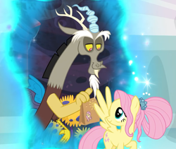 Size: 852x720 | Tagged: safe, screencap, character:discord, character:fluttershy, species:draconequus, species:pegasus, species:pony, episode:the last problem, g4, my little pony: friendship is magic, leak, cropped, female, lunch bag, male, mare, older fluttershy, portal, smiling, wings