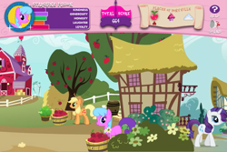 Size: 749x501 | Tagged: safe, screencap, character:applejack, character:rarity, oc, species:earth pony, species:pony, species:unicorn, adventures in ponyville, apple, female, food, mare, tree, wtf
