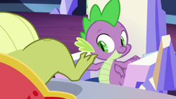 Size: 1280x720 | Tagged: safe, screencap, character:sludge, character:spike, species:dragon, episode:father knows beast, g4, my little pony: friendship is magic, claws, feet, male, male feet, smiling, wiggling toes, winged spike