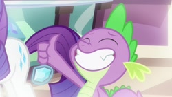 Size: 1920x1080 | Tagged: safe, screencap, character:spike, species:dragon, species:pony, species:unicorn, episode:dragon dropped, g4, my little pony: friendship is magic, cute, eyes closed, fangs, female, gem, grin, magic, male, mare, smiling, solo focus, spikabetes, telekinesis, thumbs up, winged spike