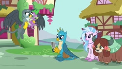 Size: 1920x1080 | Tagged: safe, screencap, character:gabby, character:gallus, character:silverstream, character:spike, character:yona, species:classical hippogriff, species:dragon, species:griffon, species:hippogriff, species:yak, episode:dragon dropped, g4, my little pony: friendship is magic, bow, camera, cloven hooves, colored hooves, cute, diastreamies, female, flying, gabbybetes, gallabetes, hair bow, jewelry, male, monkey swings, necklace, photo, saddle bag, winged spike, yonadorable