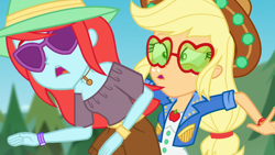 Size: 1920x1080 | Tagged: safe, screencap, character:applejack, episode:accountibilibuddies, g4, my little pony:equestria girls, applejack's festival hat, applejack's sunglasses, bare shoulders, bracelet, clothing, cowboy hat, dancing, female, hat, jewelry, necklace, ouch, outdoors, peppermint azure, sunglasses