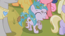 Size: 1524x852 | Tagged: safe, screencap, character:applejack, character:aura, character:bon bon, character:cherry berry, character:dinky hooves, character:sweetie drops, character:written script, species:earth pony, species:pony, episode:the mysterious mare do well, g4, my little pony: friendship is magic, clothing, dirty, female, filly, foal, grass, happy, heart, messy mane, mud, muddy, open mouth, raised hoof, shadow, solo focus, you're my hero rainbow dash