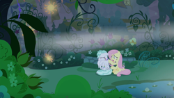 Size: 2200x1238 | Tagged: safe, screencap, character:feather flatterfly, character:fluttershy, species:pegasus, species:pony, episode:the summer sun setback, g4, my little pony: friendship is magic, canterlot gardens, duo, female, flower, fog, garden, male, mare, panicking, plant, stallion