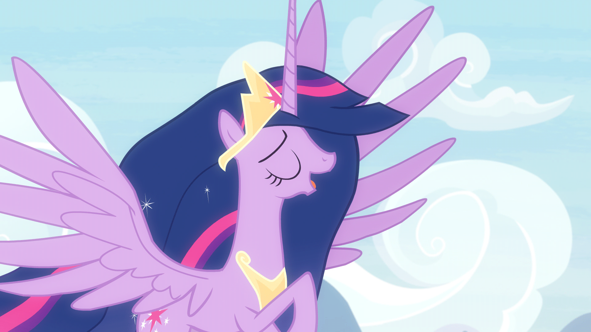 Size: 1920x1080 | Tagged: safe, screencap, character:twilight sparkle, character:twilight sparkle (alicorn), species:alicorn, species:pony, episode:the last problem, g4, my little pony: friendship is magic, animated, crown, cute, flying, jewelry, majestic, princess twilight 2.0, regalia, singing, wings