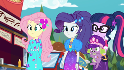 Size: 1920x1080 | Tagged: safe, screencap, character:fluttershy, character:rarity, character:spike, character:spike (dog), character:twilight sparkle, character:twilight sparkle (scitwi), species:dog, species:eqg human, episode:lost and pound, g4, my little pony:equestria girls, clothing, falafel, female, flower, flower in hair, food, food truck, geode of fauna, geode of shielding, geode of telekinesis, glasses, hat, lost and pound: fluttershy, magical geodes, outdoors, ponytail, spike's festival hat, trio, trio female