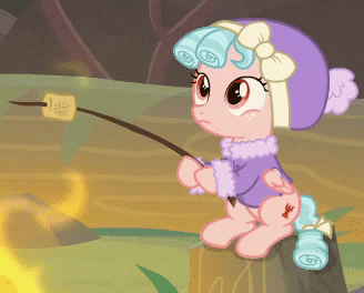 Size: 328x264 | Tagged: safe, screencap, character:cozy glow, species:pegasus, species:pony, episode:frenemies, g4, my little pony: friendship is magic, animated, aweeg*, campfire, clothing, cozybetes, cropped, cute, dawwww, eating, female, filly, foal, food, funny background event, gif, hat, marshmallow, nom, puffy cheeks, pure concentrated unfiltered evil of the utmost potency, pure unfiltered evil, small devil eating, solo, tree stump, winter outfit