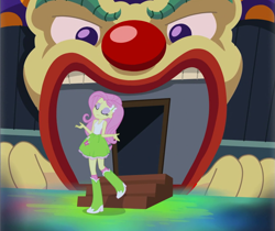 Size: 1069x899 | Tagged: safe, screencap, character:fluttershy, episode:a perfect day for fun, equestria girls:rainbow rocks, g4, my little pony:equestria girls, boots, clothing, high heel boots, miniskirt, shoes, shrug, skirt, socks, solo, tank top