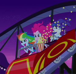 Size: 880x851 | Tagged: safe, screencap, character:pinkie pie, character:rainbow dash, character:rarity, episode:a perfect day for fun, equestria girls:rainbow rocks, g4, my little pony:equestria girls, food, popcorn, roller coaster, rollercoaster