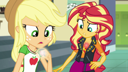 Size: 1280x720 | Tagged: safe, screencap, character:applejack, character:sunset shimmer, episode:overpowered, g4, my little pony:equestria girls, geode of empathy, geode of super strength, magical geodes