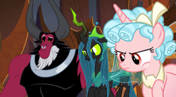 Size: 845x469 | Tagged: safe, screencap, character:cozy glow, character:lord tirek, character:queen chrysalis, species:alicorn, species:centaur, species:changeling, species:pony, episode:the ending of the end, g4, my little pony: friendship is magic, changeling queen, confused, cozycorn, evil lair, female, filly, former queen chrysalis, grogar's lair, lair, male, nose piercing, nose ring, piercing, race swap, ultimate chrysalis
