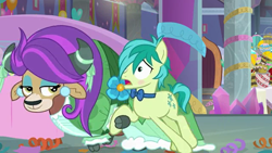 Size: 1366x768 | Tagged: safe, screencap, character:sandbar, character:yona, species:earth pony, species:pony, species:yak, ship:yonabar, episode:she's all yak, g4, my little pony: friendship is magic, alternate hairstyle, blushing, bow tie, cloven hooves, ear piercing, earring, female, jewelry, male, piercing, shipping, straight