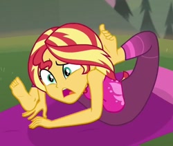 Size: 657x554 | Tagged: safe, screencap, character:sunset shimmer, episode:wake up!, g4, my little pony:equestria girls, feet, solo, wake up!: rainbow dash, yoga