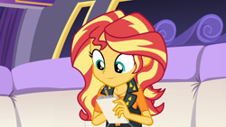 Size: 1920x1080 | Tagged: safe, screencap, character:sunset shimmer, episode:driving miss shimmer, g4, my little pony:equestria girls, choose your own ending (season 1), clothing, cute, driving miss shimmer: rarity, female, geode of empathy, leather vest, limousine, magical geodes, notepad, pencil, shimmerbetes, smiling, vest