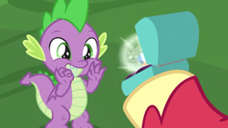 Size: 1280x720 | Tagged: safe, screencap, character:big mcintosh, character:spike, species:dragon, episode:the big mac question, g4, my little pony: friendship is magic, claws, context is for the weak, cute, drool, fangs, folded wings, greed spike, greedy, male, out of context, ring, tail, temptation, unshorn fetlocks, want, wedding ring, wiggling fingers, winged spike, wings