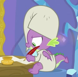Size: 838x831 | Tagged: safe, screencap, character:spike, species:dragon, episode:dragon dropped, g4, my little pony: friendship is magic, animation error, clothing, cropped, hat, inkwell, male, nightcap, nightgown, quill, solo, tail, toes, winged spike, wings