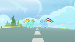 Size: 1280x720 | Tagged: safe, screencap, character:lightning dust, character:rainbow dash, species:pegasus, species:pony, episode:wonderbolts academy, female, mare, runway
