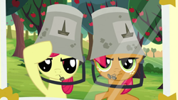 Size: 1920x1080 | Tagged: safe, screencap, character:apple bloom, character:babs seed, species:pony, episode:apple family reunion, g4, my little pony: friendship is magic, bucket, cousins, female, filly, mouth hold, nails, salute