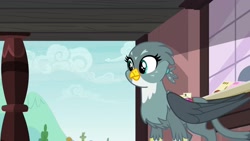 Size: 1920x1080 | Tagged: safe, screencap, character:gabby, species:griffon, episode:dragon dropped, g4, my little pony: friendship is magic, cute, female, folded wings, mail, ponytail, smiling, solo, train station, wings