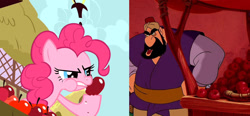 Size: 1409x656 | Tagged: safe, screencap, character:pinkie pie, species:earth pony, species:human, species:pony, episode:green isn't your color, g4, my little pony: friendship is magic, aladdin, apple, farouk, food