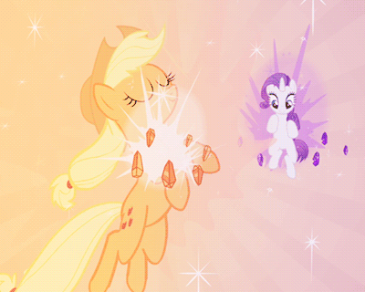 Size: 400x320 | Tagged: safe, screencap, character:applejack, character:rarity, species:earth pony, species:pony, species:unicorn, episode:friendship is magic, g4, my little pony: friendship is magic, animated, duo, elements of harmony, female, mare