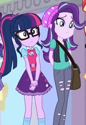 Size: 597x865 | Tagged: safe, screencap, character:rarity, character:starlight glimmer, character:sunset shimmer, character:twilight sparkle, character:twilight sparkle (scitwi), species:eqg human, equestria girls:mirror magic, g4, my little pony:equestria girls, arm behind back, bag, beanie, bow tie, clothing, cropped, cute, geode of telekinesis, glasses, glimmerbetes, hat, hnnng, magical geodes, offscreen character, pants, ponytail, ripped pants, skirt, socks, twiabetes, vest