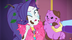 Size: 1366x768 | Tagged: safe, screencap, character:rarity, character:supernova zap, species:dog, episode:lost and pound, g4, my little pony:equestria girls, cute, drool, feather boa, female, licking, lost and pound: rarity, mud, offscreen character, princess thunder guts, su-z, supernova zap, tongue out