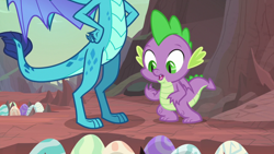 Size: 1920x1080 | Tagged: safe, screencap, character:princess ember, character:spike, species:dragon, episode:sweet and smoky, g4, my little pony: friendship is magic, claws, dragon egg, dragon lands, dragoness, duo, egg, faceless female, feet, female, folded wings, looking down, male, slit eyes, wings