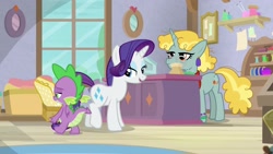 Size: 1920x1080 | Tagged: safe, screencap, character:rarity, character:spike, species:dragon, species:pony, species:unicorn, episode:dragon dropped, g4, my little pony: friendship is magic, background pony, basket, fabric, female, mare, stitch pattern, winged spike