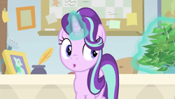 Size: 1600x900 | Tagged: safe, screencap, character:phyllis, character:starlight glimmer, species:pony, species:unicorn, episode:a horse shoe-in, g4, my little pony: friendship is magic, bulletin board, desk, female, inkwell, levitation, magic, mare, office, philodendron, picture frame, quill, telekinesis, watering can