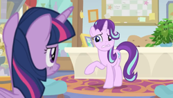 Size: 1600x900 | Tagged: safe, screencap, character:phyllis, character:starlight glimmer, character:twilight sparkle, character:twilight sparkle (alicorn), species:alicorn, species:pony, species:unicorn, episode:a horse shoe-in, g4, my little pony: friendship is magic, bulletin board, cabinet, desk, duo, female, house plant, mare, office, philodendron, picture frame, rug