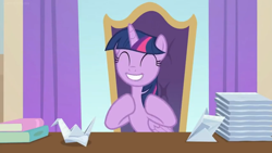 Size: 1600x900 | Tagged: safe, screencap, character:twilight sparkle, character:twilight sparkle (alicorn), species:alicorn, species:pony, episode:a horse shoe-in, g4, my little pony: friendship is magic, book, curtains, female, happy, mare, napkin, napkins, office chair, origami, smiling, solo