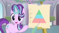 Size: 1600x900 | Tagged: safe, screencap, character:starlight glimmer, species:pony, species:unicorn, episode:a horse shoe-in, g4, my little pony: friendship is magic, easel, female, levitation, magic, mare, pointer, pyramid, school of friendship, solo, telekinesis
