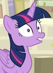 Size: 407x563 | Tagged: safe, screencap, character:twilight sparkle, character:twilight sparkle (alicorn), species:alicorn, species:pony, episode:a horse shoe-in, g4, my little pony: friendship is magic, cropped, female, lip bite, mare, oh no, shrunken pupils, solo, sudden realization, wide eyes