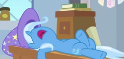Size: 1920x918 | Tagged: safe, screencap, character:trixie, species:pony, episode:a horse shoe-in, g4, my little pony: friendship is magic, crossed hooves, crossed legs, discovery family logo, sleeping, volumetric mouth