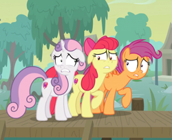 Size: 645x526 | Tagged: safe, screencap, character:apple bloom, character:scootaloo, character:sweetie belle, species:earth pony, species:pegasus, species:pony, species:unicorn, episode:growing up is hard to do, g4, my little pony: friendship is magic, cropped, cutie mark, cutie mark crusaders, faec, female, floppy ears, mare, older, older apple bloom, older cmc, older scootaloo, older sweetie belle, raised hoof, scared, shrunken pupils, the cmc's cutie marks, trio