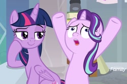 Size: 1466x976 | Tagged: safe, screencap, character:starlight glimmer, character:twilight sparkle, character:twilight sparkle (alicorn), species:alicorn, species:pony, species:unicorn, episode:a horse shoe-in, g4, my little pony: friendship is magic, discovery family logo, duo, faec, female, mare, smug