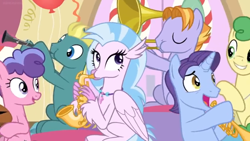 Size: 1600x900 | Tagged: safe, screencap, character:berry blend, character:berry bliss, character:huckleberry, character:november rain, character:silverstream, species:classical hippogriff, species:hippogriff, species:pony, episode:a horse shoe-in, g4, my little pony: friendship is magic, blissabetes, clarinet, classroom, cute, dexterous hooves, diastreamies, female, friendship student, hucklebetes, male, musical instrument, novemberbetes, saxophone, teenager, trumpet