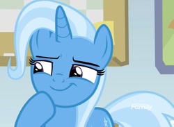Size: 1477x1080 | Tagged: safe, screencap, character:trixie, species:pony, species:unicorn, episode:a horse shoe-in, g4, my little pony: friendship is magic, cute, diatrixes, discovery family logo, female, mare, smug, solo