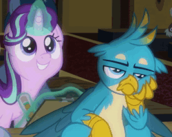 Size: 1360x1080 | Tagged: safe, screencap, character:gallus, character:starlight glimmer, species:griffon, species:pony, species:unicorn, episode:a horse shoe-in, g4, my little pony: friendship is magic, animated, bored, claws, cropped, discovery family logo, female, magic, male, mare, no sound, notepad, pencil, she knows, shocked, watching, webm, wide eyes