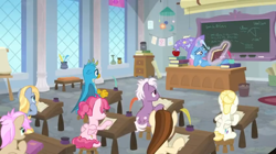 Size: 1600x898 | Tagged: safe, screencap, character:bifröst, character:gallus, character:goldy wings, character:loganberry, character:strawberry scoop, character:summer breeze, character:trixie, species:griffon, species:pony, episode:a horse shoe-in, g4, my little pony: friendship is magic, book, bored, chalk, chalkboard, classroom, clothing, dawnlighter, desk, easel, female, friendship student, hat, hoof on cheek, inkwell, levitation, magic, male, mare, paper, quill, reading, school of friendship, scroll, teacher's desk, teenager, telekinesis, trash can, trixie's hat, vase, window